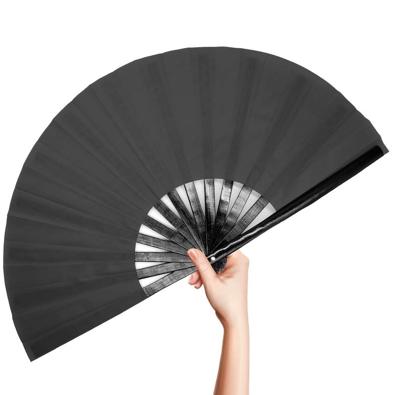 OMyTea Bamboo Large Rave Folding Hand Fan for Men/Women - Chinese Japanese Kung Fu Tai Chi Handheld Fan with Fabric Case - for Performance, Decorations, Dancing, Festival, Gift (Black) - Image 1
